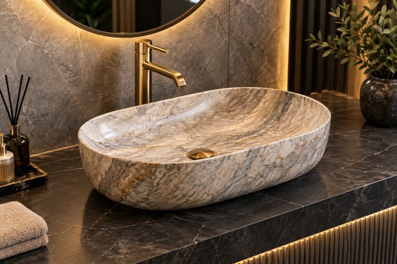 Stone-look table top basin with elegant marble veining, gold faucet, and dark luxury bathroom interiors in a premium modern design, 3:2 aspect ratio.