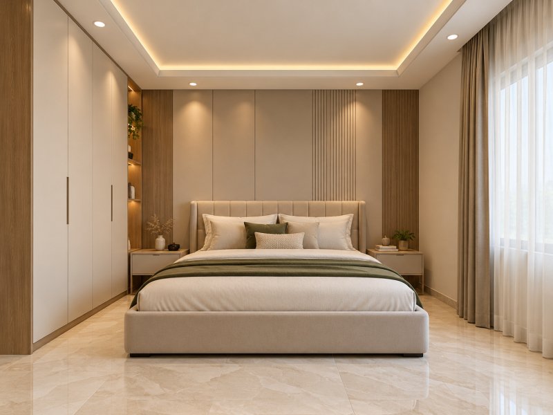 Minimal POP Border Design with a premium bedroom interior and matching beige marble-look floor tiles.