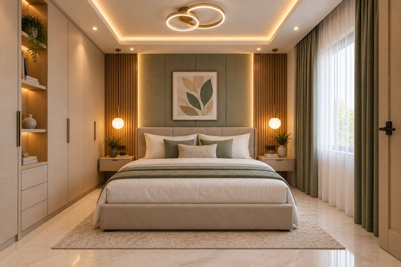 Modern 10 × 10 ft bedroom with a simple recessed POP ceiling, warm LED cove lighting, compact beige furniture, olive-green accents, and light ivory marble-look floor tiles.