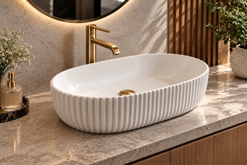 Fluted white table top basin with a textured exterior, cream stone countertop, and brass faucet in a modern luxury bathroom.