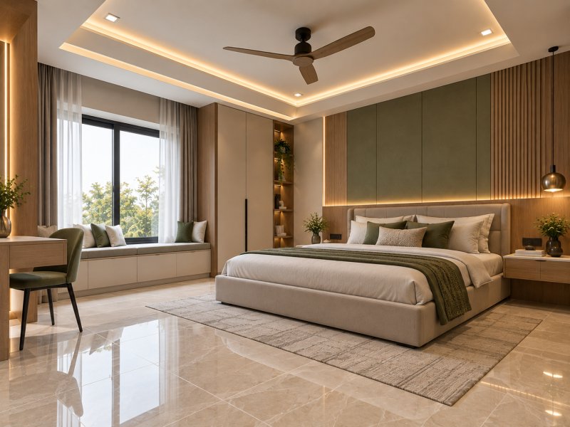 Single-layer POP ceiling design in a modern bedroom with a simple flat ceiling, minimal recessed lighting and glossy marble-look floor tiles.