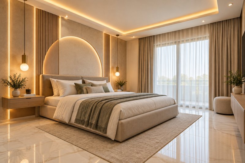 Modern small bedroom with a sculptural arched POP headboard wall, warm LED strip lighting, sage-green accent cushions, beige upholstered bed, and ivory marble-look floor tiles.