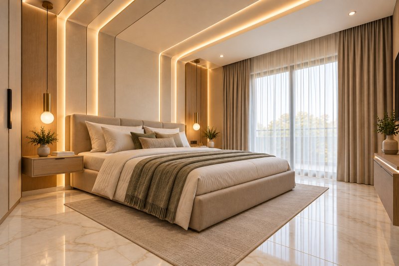 Modern bedroom with continuous POP wall-to-ceiling design, warm concealed LED strip lighting, beige upholstered bed, and light ivory marble-look floor tiles.
