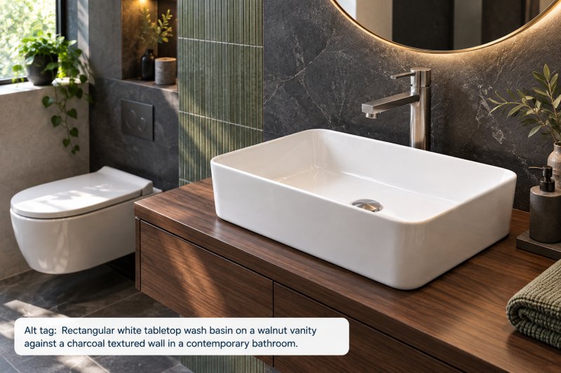 Rectangular white tabletop wash basin in a contemporary bathroom with a beige stone countertop, wooden vanity, and elegant gold faucet.