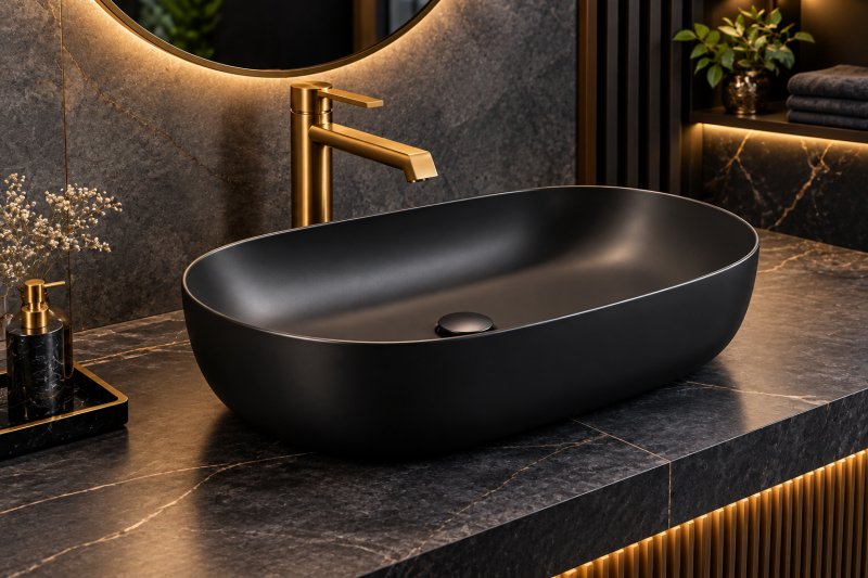 Matte black table top basin with a sleek oval design, gold faucet, and dark marble bathroom interiors creating a dramatic, luxurious look