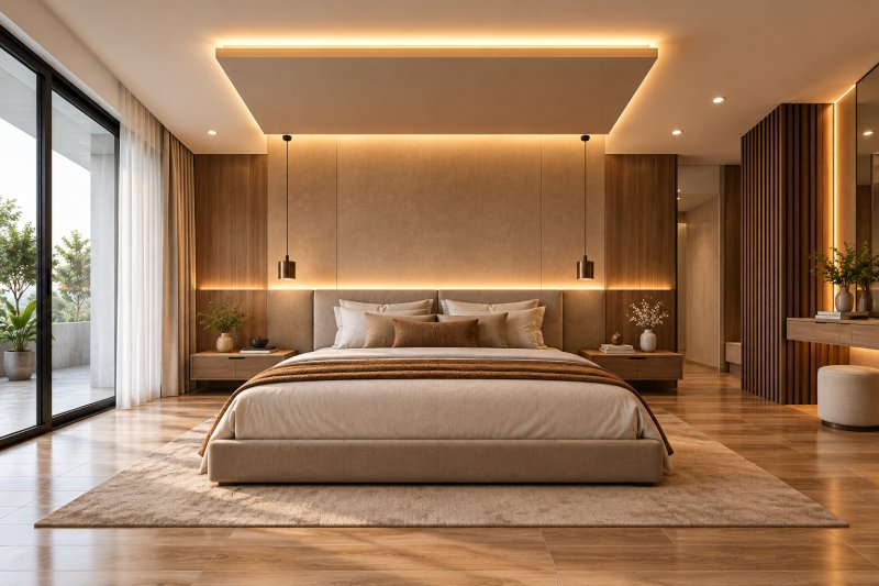 Floating POP Panel Above the Bed: Contemporary bedroom featuring a floating POP ceiling panel above the bed with concealed LED lighting, warm wood-look floor tiles, and neutral beige interiors.