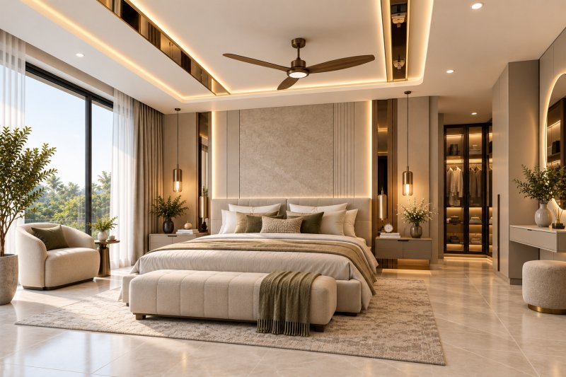 Modern luxury bedroom with POP false ceiling featuring reflective mirror strips, warm LED cove lighting, a wooden ceiling fan, and polished satin-finish beige floor tiles.