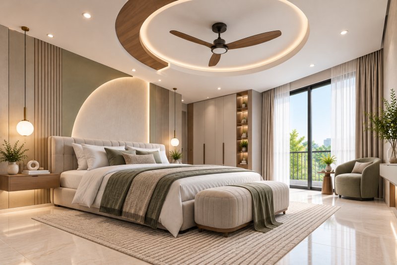 Modern bedroom with oval POP ceiling framing a central ceiling fan, concealed LED lighting, curved accent wall, upholstered bed, and polished ivory floor tiles.