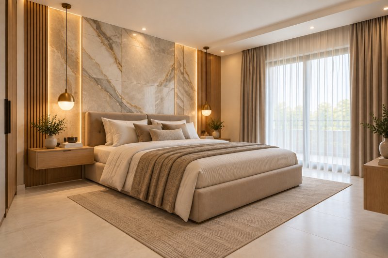 Modern bedroom with a marble-look accent tile wall behind the bed, simple POP ceiling with recessed lighting, warm wooden panels, beige upholstered bed, and coordinated neutral porcelain floor tiles.