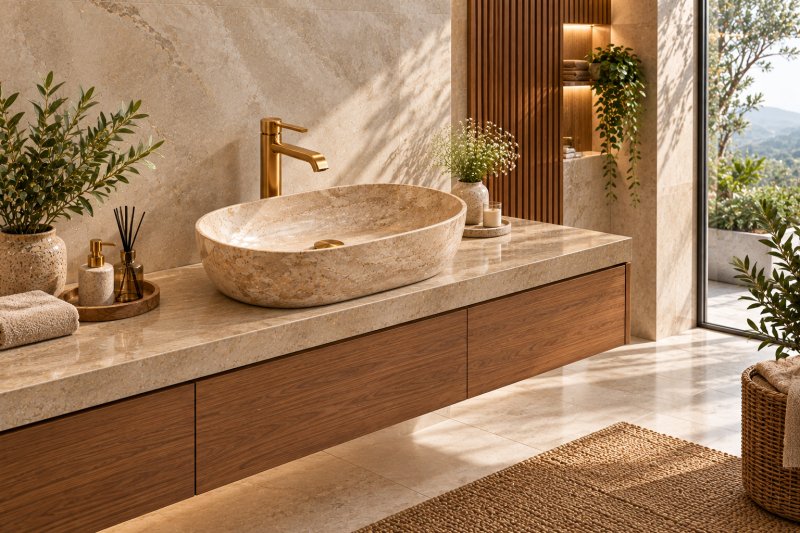Here’s the wider bathroom view, showing the earthy table top basin within the full vanity area and surrounding natural, spa-inspired interiors.