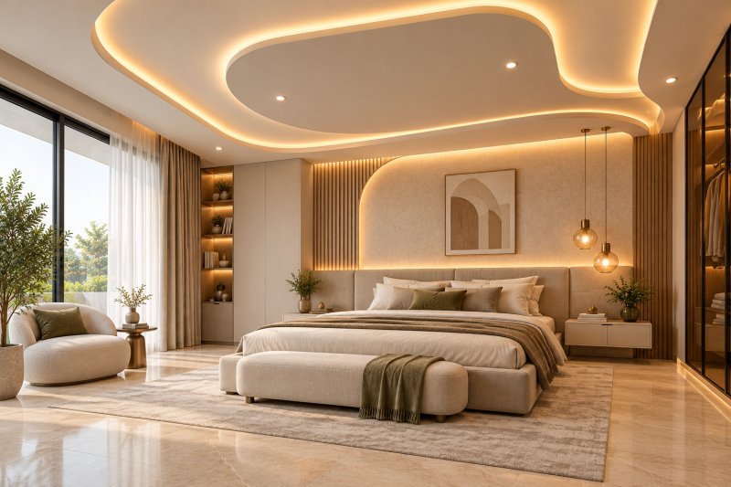 Modern bedroom with curved POP false ceiling and warm LED cove lighting, upholstered bed, sculptural lounge chair, and light beige stone-look floor tiles.
