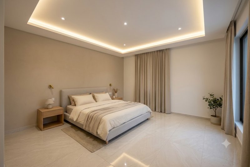 LED Strip Border Ceiling: Modern small bedroom with rectangular POP false ceiling featuring warm LED strip border lighting, beige upholstered bed, and light ivory marble-look floor tiles.