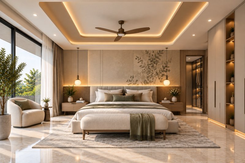 Modern luxury bedroom with dual-tone POP false ceiling in beige and off-white, warm LED cove lighting, ceiling fan, botanical accent wall, and polished ivory stone-look floor tiles.
