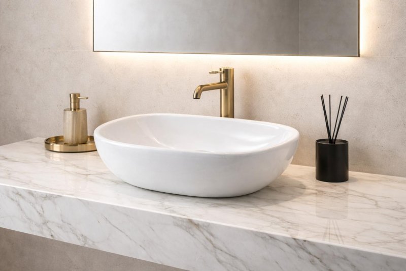 Stylish table top wash basin design with a stone vanity counter