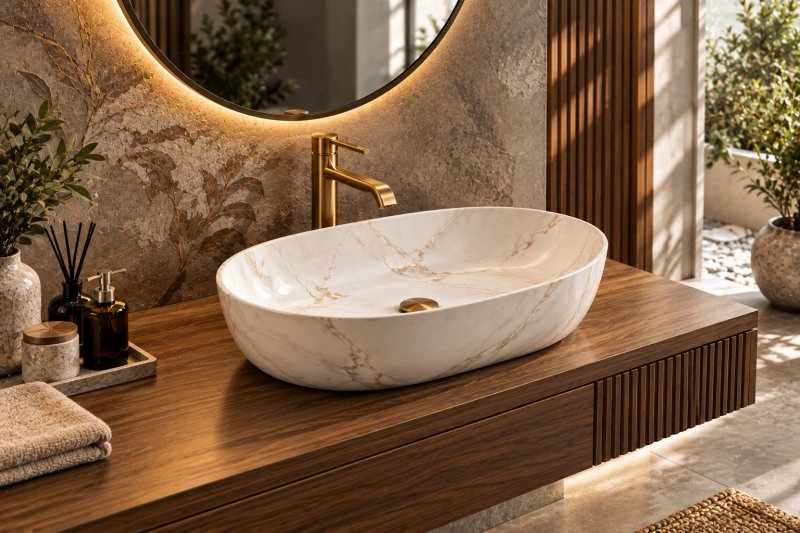 A luxury table top basin paired with a rich walnut wooden vanity, botanical textured walls, and a sunlit garden-inspired background for a warm, natural bathroom aesthetic.