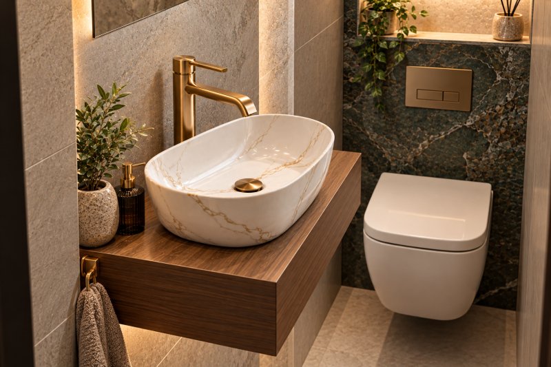 A realistic small-bathroom design featuring a compact table top basin on a floating wooden vanity, with a wall-hung toilet and space-saving layout.