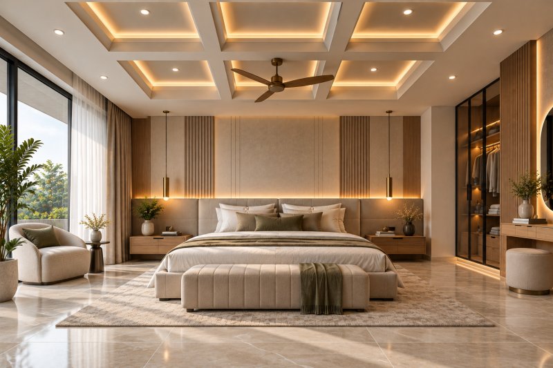 Modern luxury bedroom with coffered POP ceiling featuring recessed rectangular panels, warm LED lighting, a central ceiling fan, and polished beige stone-look floor tiles.