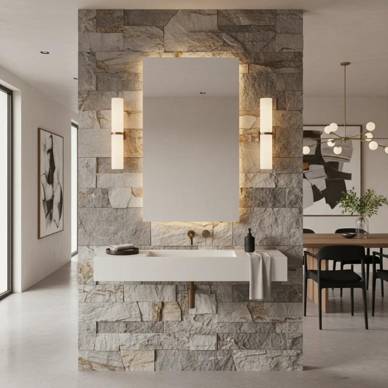 Wash basin area design with mirror and tiles in an Indian home hall