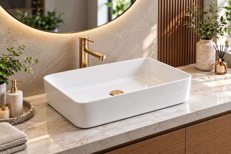 Minimalist white tabletop wash basin with a glossy ceramic finish, beige marble countertop, and elegant gold faucet in a modern bathroom.