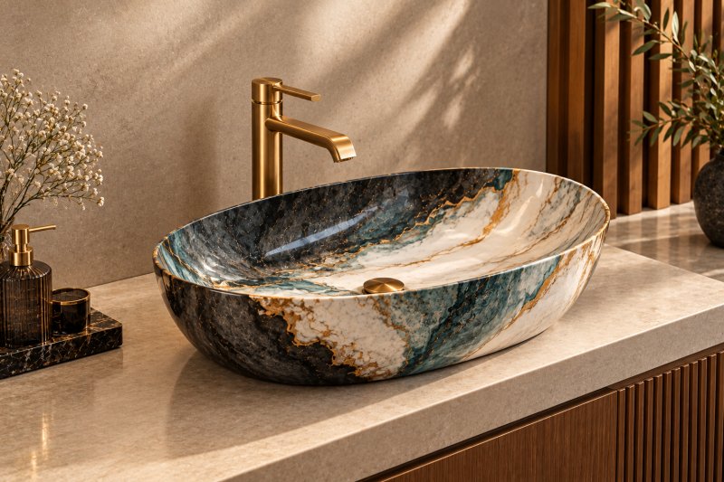 A statement table top basin with bold teal, charcoal, and cream marble patterns, styled against a simple textured beige wall with no mirror for a clean, premium powder-room look.