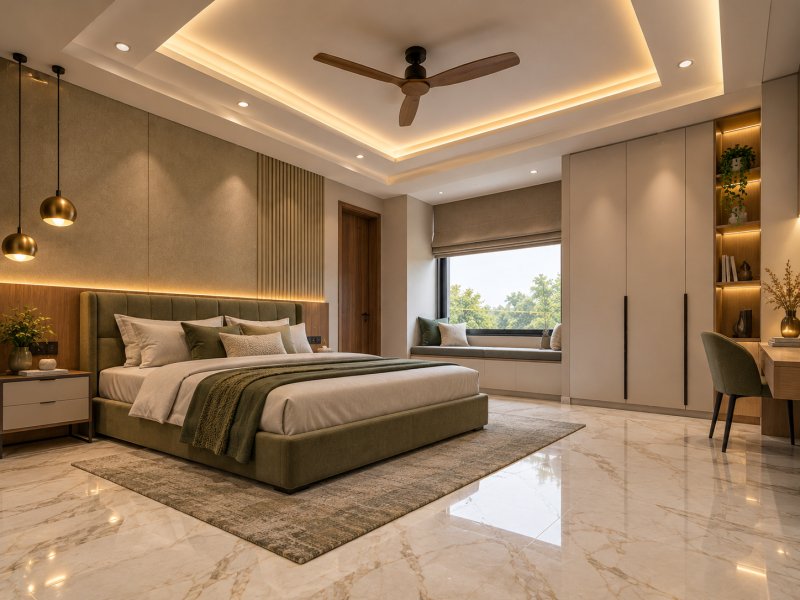 Simple Tray POP Ceiling, featuring a refined recessed ceiling design with warm cove lighting and glossy marble-look floor tiles.