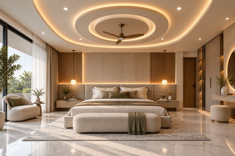 Modern luxury bedroom with circular POP ceiling centrepiece, warm LED cove lighting, central ceiling fan, and polished ivory stone-look floor tiles.