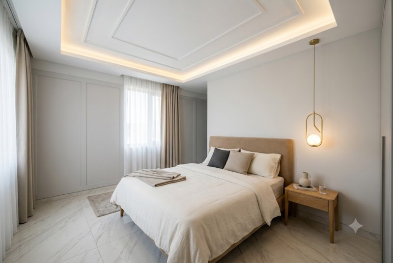 Modern bedroom with an illuminated arched POP ceiling, textured plaster wall, warm LED cove lighting, and elegant wooden bedside tables.