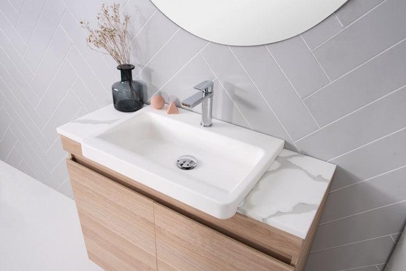 Semi recessed new wash basin design projecting from a shallow vanity