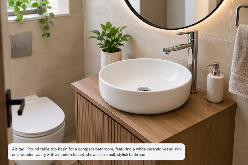 Round table top basin for a compact bathroom with a white ceramic vessel sink, wooden vanity, and modern chrome faucet.