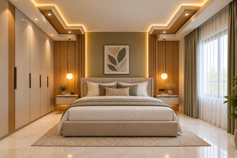 Modern bedroom with corner POP ceiling design featuring warm concealed LED lighting, recessed spotlights, a beige upholstered bed, wooden accents, and light ivory floor tiles.