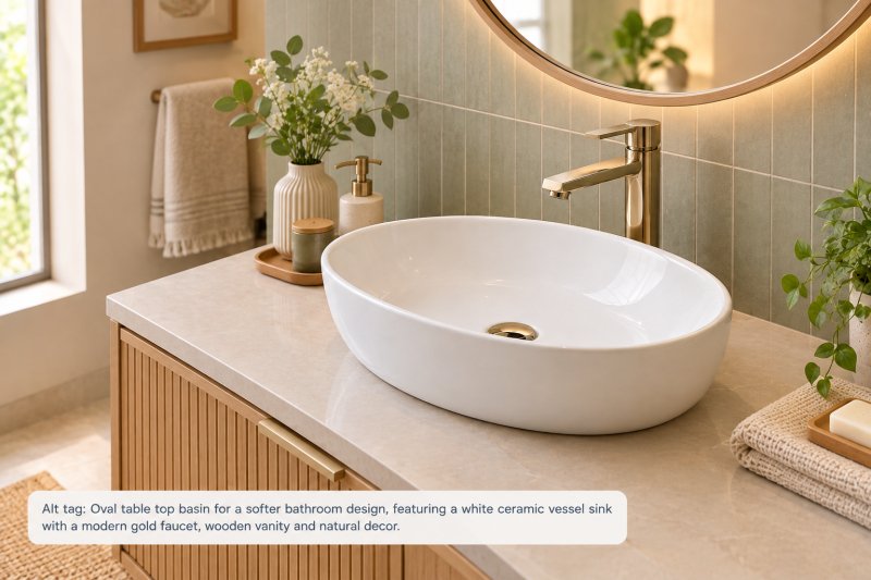 Oval table top basin for a softer bathroom design, featuring a white ceramic vessel sink, gold faucet, and natural wooden vanity in a warm, contemporary bathroom.