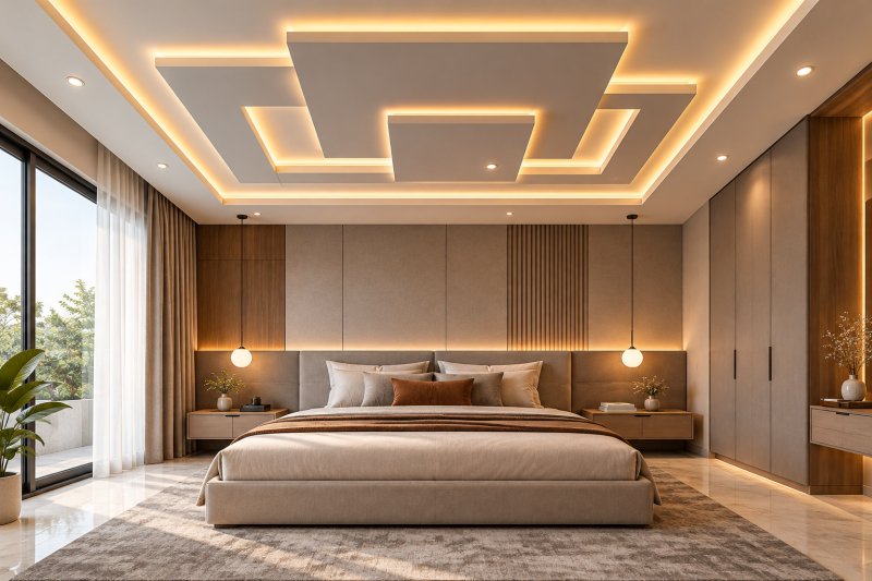 Geometric POP Ceiling: Modern bedroom with geometric POP false ceiling featuring square and rectangular patterns with warm LED lighting and beige porcelain floor tiles.