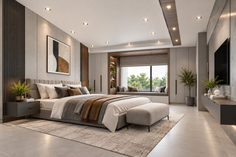 Modern grey bedroom with minimalist POP ceiling and asymmetrically arranged recessed spotlights, built-in window seating, upholstered bed, and matte grey stone-look floor tiles.