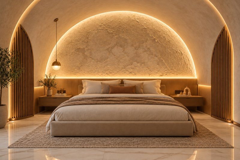 Luxury bedroom featuring a curved arched POP ceiling design with warm LED lighting, wooden slat panels, pendant lighting, and marble-look floor tiles.