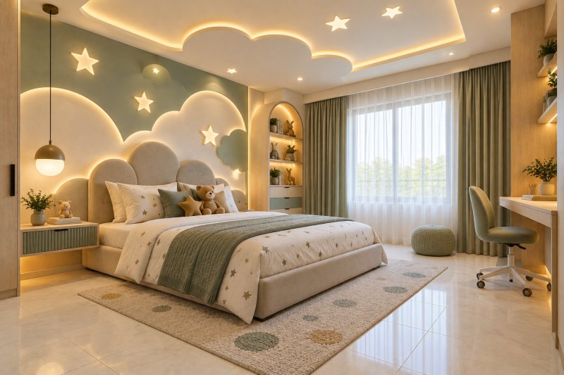 Modern kids’ bedroom with cloud-and-star POP ceiling design, warm LED lighting, playful star-patterned bedding, sage-green accents, and light-coloured porcelain floor tiles.