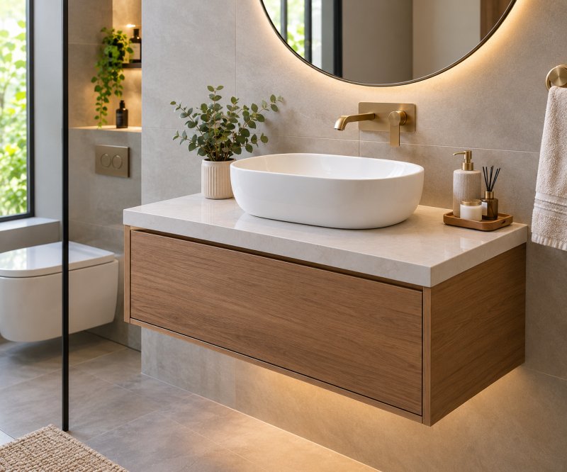 Floating vanity with a white table top basin, wall-mounted brass faucet, and wooden wall-hung cabinet in a contemporary bathroom with warm lighting and neutral tiles.