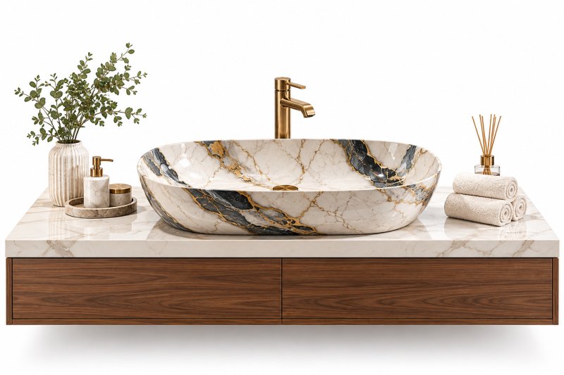 large-view designer table top basin against a clean white background, with bold marble veining and a premium floating wooden vanity.