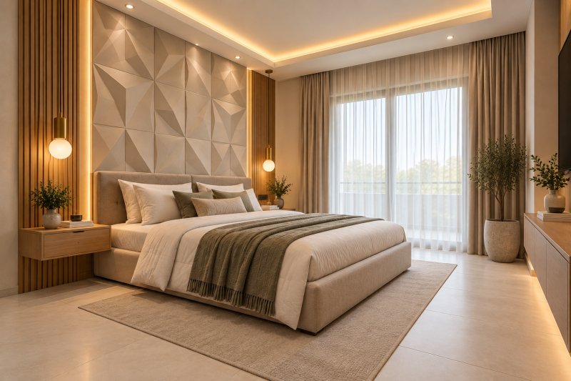 Modern bedroom with three-dimensional geometric POP wall panels behind the bed, warm LED accent lighting, wooden slat detailing, beige upholstered furniture, and matte stone-look floor tiles.