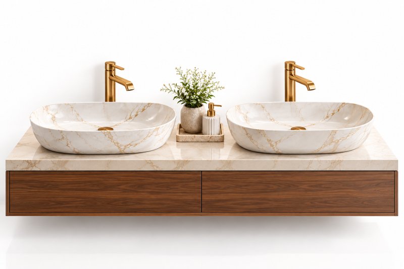 Here’s the double table top basin design on a clean white background, with a walnut vanity and elegant marble countertop for a premium product-catalog look.