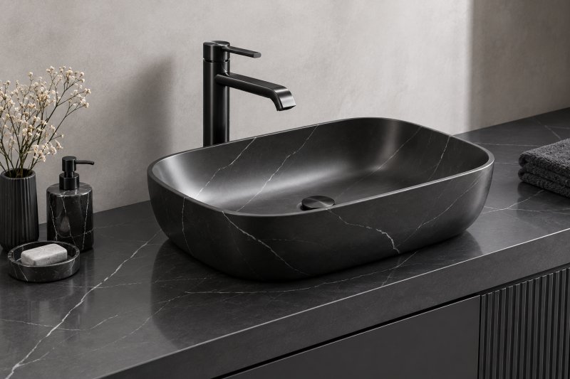 A sleek monochrome table top basin with a matte-black finish, matching dark stone countertop, and minimalist black fixtures for a sophisticated contemporary bathroom.
