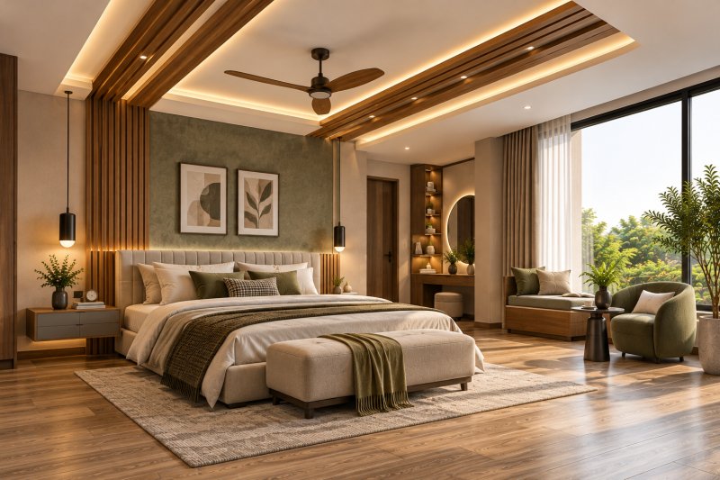 Nature-inspired bedroom with wooden strip POP ceiling, warm concealed LED lighting, olive-green feature wall, upholstered bed, and wood-look porcelain floor tiles.