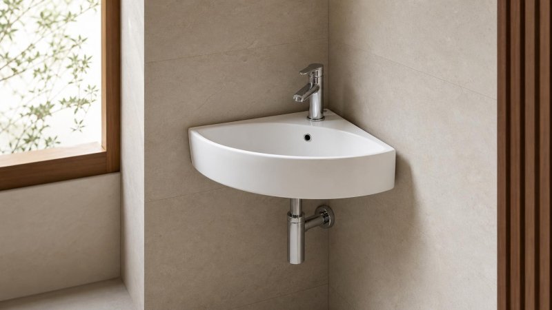 Compact corner basin design for a small powder room